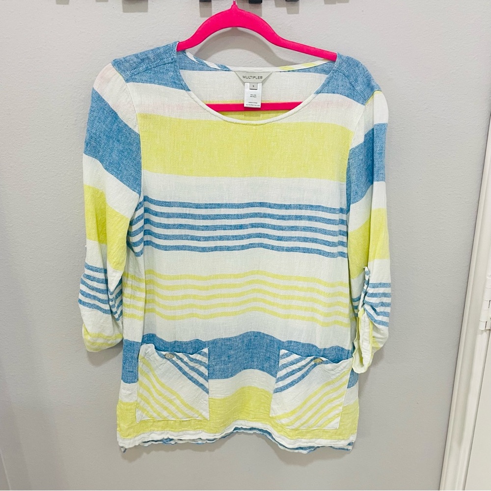 Multiples Linen Blend Tunic Top Blue, Yellow & White Striped Womens Size S
